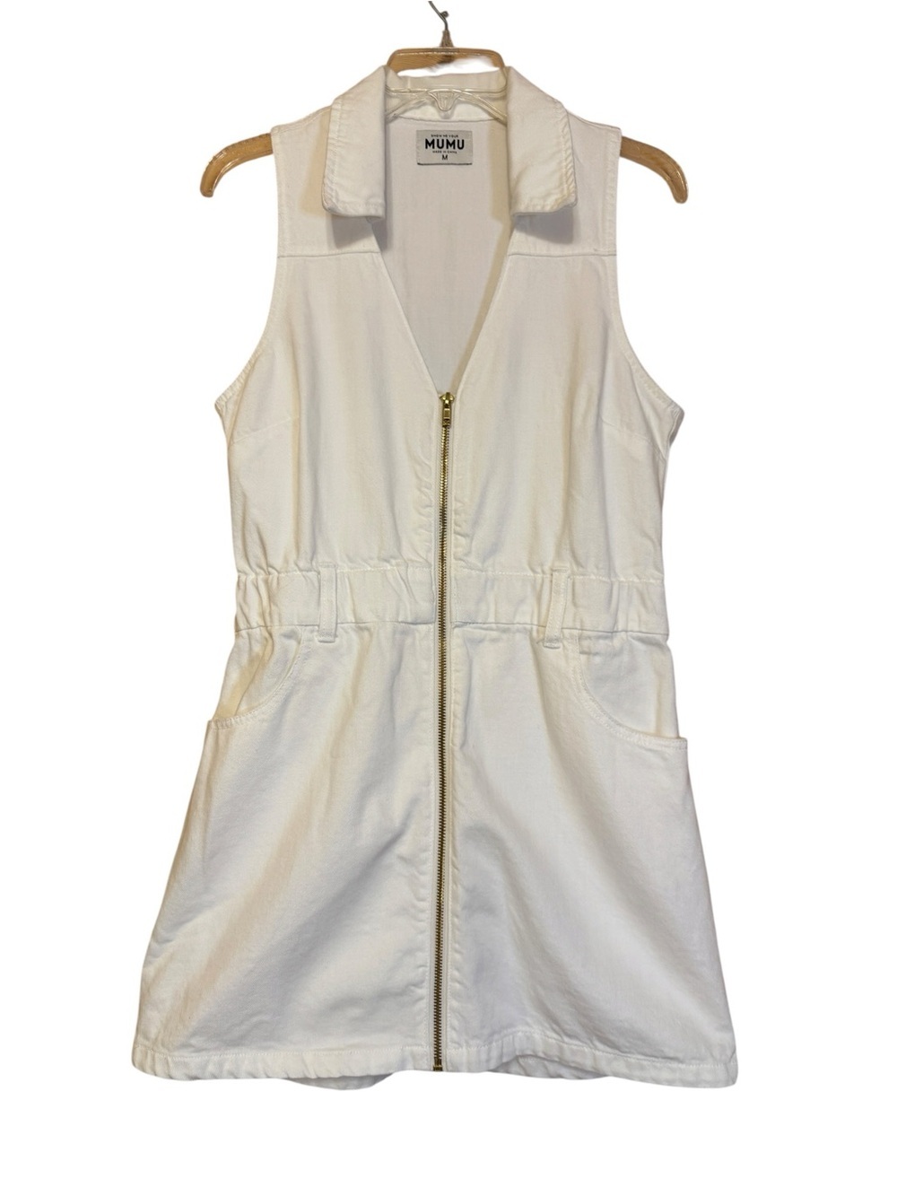 Show Me Your Mumu White Denim Zip Front Utility Mini Dress Medium